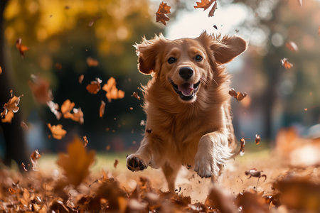 Golden retriever joyfully running through autumn leaves in a park during a sunny afternoonの素材