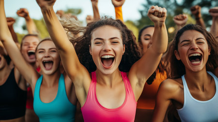 Group of joyful women celebrating together outdoors during a sunny day, showcasing excitement and unity in sportswearの素材