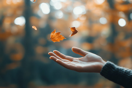 A hand reaches out to catch falling autumn leaves in a serene forest during early morning lightの素材
