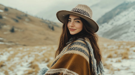 Young woman in a cozy poncho and hat smiles warmly while enjoying a scenic mountain landscape during the winter seasonの素材
