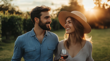 Couple enjoying a romantic sunset walk through a vineyard while holding wine glasses in hand on a warm summer eveningの素材
