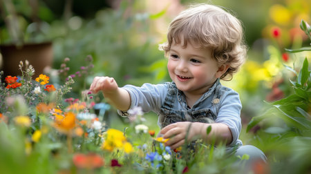 A joyful toddler explores a vibrant flower garden, surrounded by colorful blooms on a sunny dayの素材
