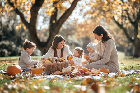 Family enjoying a fall picnic with pumpkins and harvest treats in a sunlit park during autumnの素材