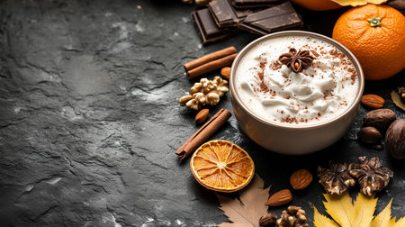 Warm spiced drink with whipped cream, cinnamon, nuts, and chocolate on a dark textured background surrounded by orange and decorative elementsの素材