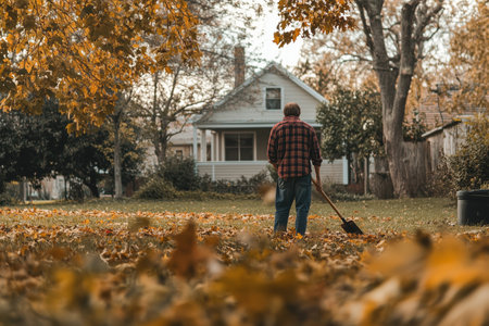 A person raking autumn leaves in a suburban yard surrounded by trees on a cool fall afternoonの素材