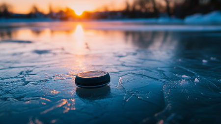 A solitary hockey puck rests on the smooth ice as the sun sets behind winter trees in a tranquil outdoor rinkの素材