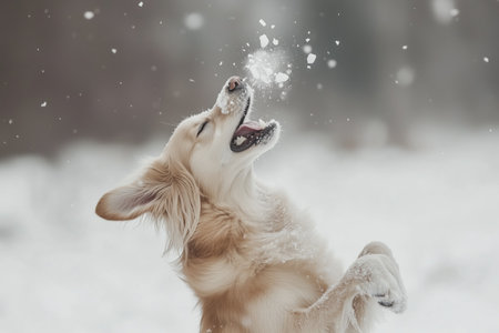 Happy golden retriever joyfully playing in the snow on a winter day, capturing the essence of fun and excitement outdoorsの素材