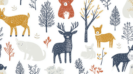 Colorful forest animals and trees in a whimsical pattern on a light background for a playful art designの素材