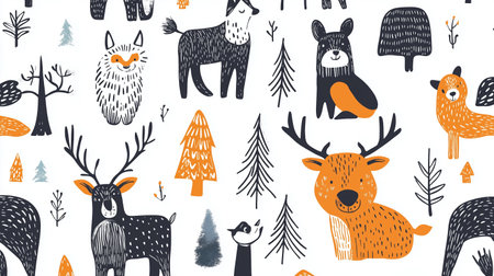 Colorful forest animals with trees in a whimsical design perfect for childrenâs decor or nature-themed projectsの素材