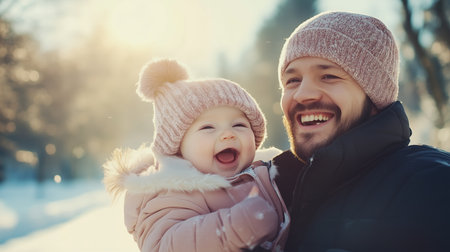 Father and baby enjoying a joyful winter day outdoors in a snowy landscape with sunlight shining through treesの素材