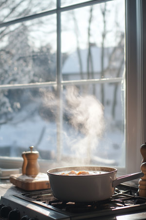 Warm soup cooking on the stove in a cozy kitchen with a snowy landscape visible through the window during winterの素材