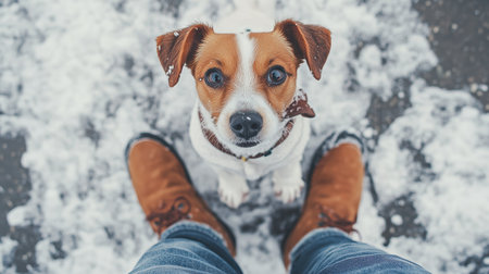 A playful dog surrounded by snow eagerly looks up at its owner in winter boots during a sunny afternoonの素材