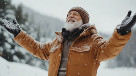 Elderly man joyfully enjoying snowfall in a winter landscape surrounded by snow-covered treesの素材