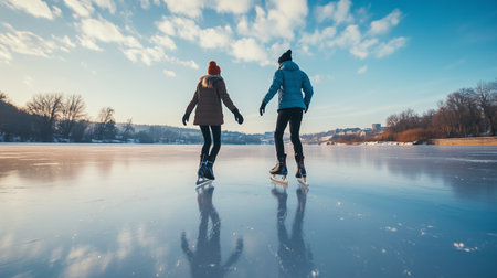 Couple ice skating together on a frozen lake during a sunny winter afternoon under a clear blue skyの素材