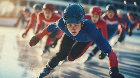 Speed skaters compete in an intense race on an outdoor ice rink during a sunny afternoon in a winter sports festivalの素材