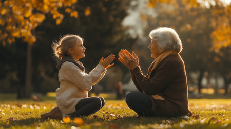 A joyful moment between a grandmother and granddaughter enjoying a sunny afternoon in a park during autumnの素材
