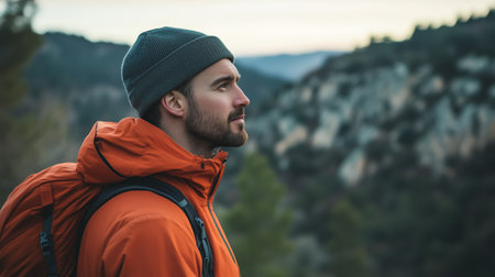 A man enjoying a moment of reflection while hiking through the scenic mountainous landscape at duskの素材