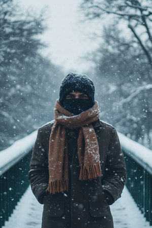 A person dressed warmly stands on a snow-covered bridge surrounded by trees during a winter snowfallの素材