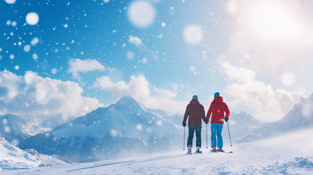 Couple skiing together on a snowy mountain under a bright blue sky during a sunny winter dayの素材