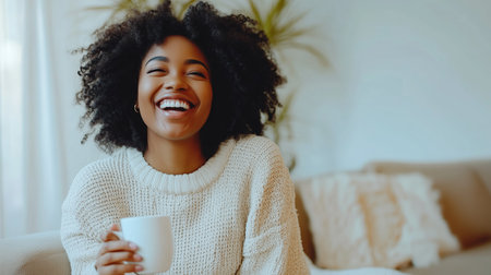 A joyful woman smiles while holding a cup of coffee in a cozy living room filled with natural light and comfortable decorの素材