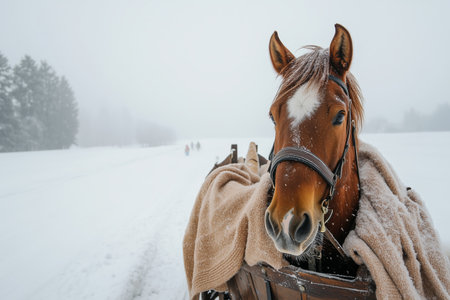 Snow-covered horse with blanket standing in winter landscape on a foggy day, pulling sled on a snowy pathの素材
