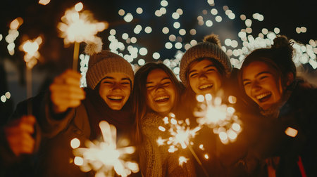 Friends celebrate together at night, holding sparklers and enjoying a festive atmosphere filled with twinkling lightsの素材