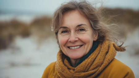 A cheerful woman with long hair smiles warmly while standing on a sandy beach during a cloudy day, enveloped in a cozy yellow scarfの素材