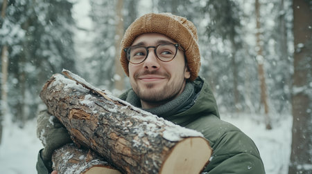 A young man joyfully carries firewood through a snowy forest in winter, smiling amidst falling snowflakesの素材