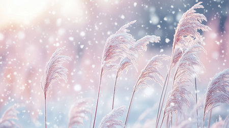 Delicate winter grasses softly swaying under falling snowflakes during a serene afternoon at a tranquil landscapeの素材
