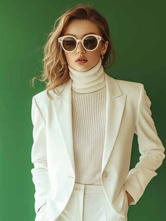 A fashionable woman in a white suit and sunglasses showcases elegance against a green background during a bright dayの素材