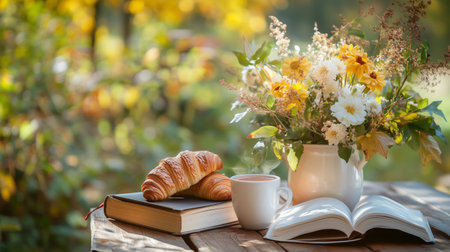 A cozy morning with a book, fresh croissants, coffee, and a vibrant flower arrangement in a sunlit outdoor settingの素材