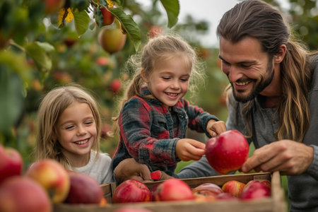 Family enjoying a joyful day picking apples in an orchard during a sunny autumn afternoonの素材