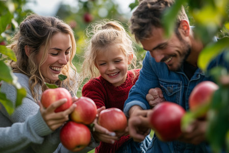 A joyful family harvests fresh apples together in a sunny orchard during autumnの素材