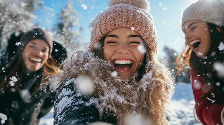 Friends enjoying a snowy day in a forest while laughing and playing together during the winter seasonの素材