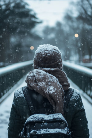 A person walks on a snowy bridge in a city park during a winter storm, with snowflakes gently falling all aroundの素材