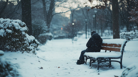 A person sits on a snowy park bench surrounded by trees and soft winter light in a serene winter sceneの素材