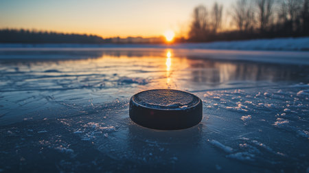 Hockey puck resting on a frozen lake surface at sunset in a serene winter landscapeの素材