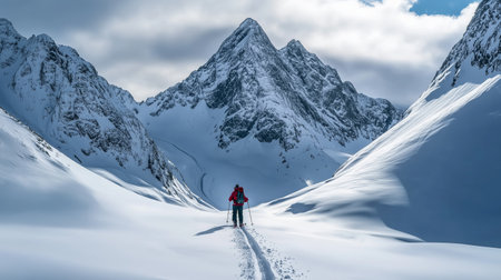 Winter hiking adventure in a snowy mountain landscape during daylight with towering peaks in the backgroundの素材
