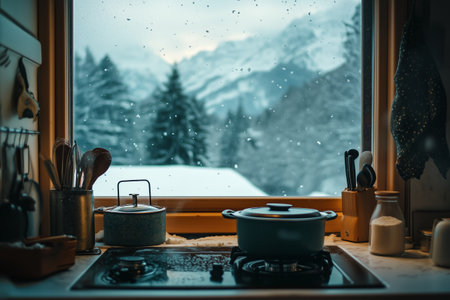 Cozy kitchen view of snow-covered mountains and trees during a winter snowfall in a quaint cabin settingの素材
