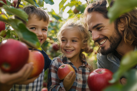 Family bonding during an apple picking adventure in a sunny orchard with children smiling and holding freshly picked applesの素材