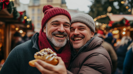 Two men enjoying holiday treats at a festive market in winter, sharing laughter and joy on a chilly dayの素材