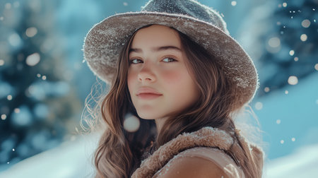 Young woman in a cozy hat enjoying a snowy winter day in the mountains while soft snowflakes fall around herの素材
