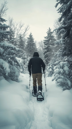 Hiker trekking through a snowy forest on a winter day while using snowshoes for outdoor adventure in the mountainsの素材