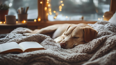 A peaceful Labrador resting on a cozy blanket near a window with twinkling lights during a quiet afternoonの素材