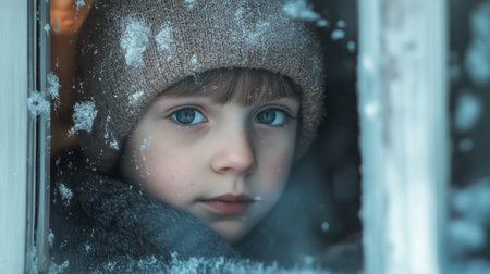A young child gazes outside from a snow-covered window during a winter afternoon, capturing a moment of wonder and curiosityの素材