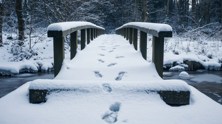 Footprints on a snow-covered bridge in a tranquil winter forest at dawnの素材