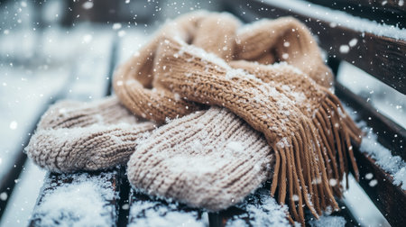 Cozy winter accessories resting on a snow-covered bench during a gentle snowfall in a serene outdoor settingの素材
