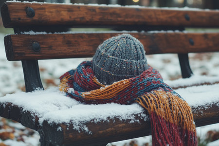 Cozy winter accessories resting on a snow-covered park bench amid fallen leaves in a serene outdoor settingの素材