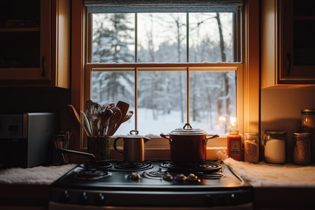 Cozy winter kitchen with a view of snow-covered trees at dusk, featuring a stove and rustic utensilsの素材