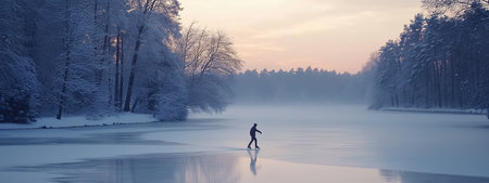 A solitary skater gliding on a frozen lake surrounded by snowy trees at dawn in a serene winter landscapeの素材